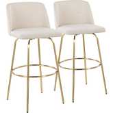 Toriano 30" Swivel Bar Stool in Cream Noise Fabric & Gold with Round Footrest (Set of 2)